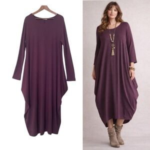 Muriel Dombret Lagenlook Maxi Dress Size 14 Long Sleeve Loose Fit Artsy Burgundy